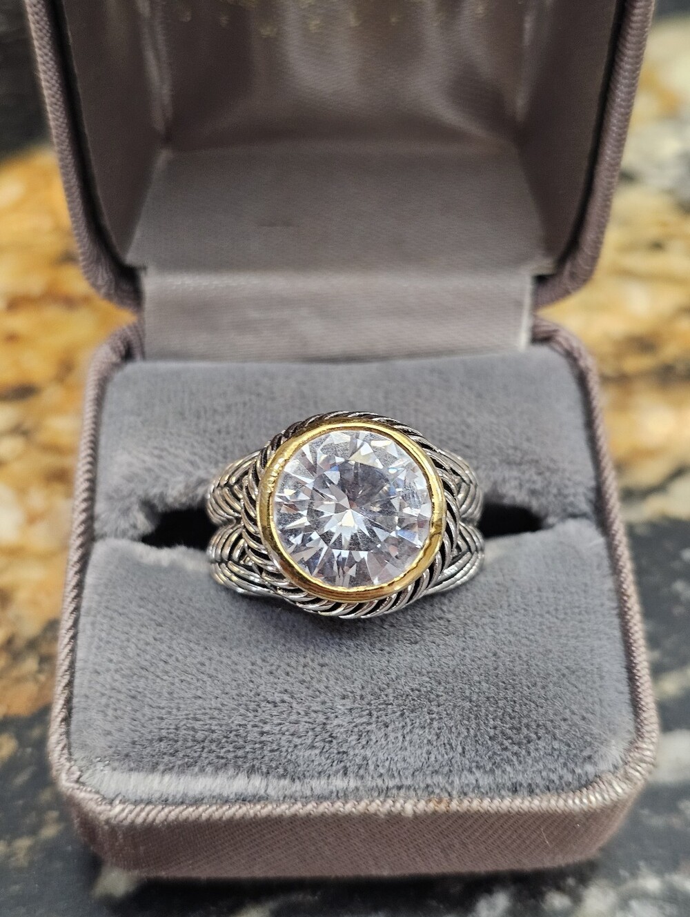 Two-Tone Silver and Gold Statement Ring with Clear Round Gemstone ~ Size 7.75